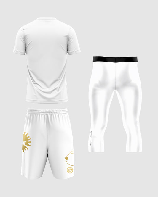 CUSTOM WHITE GOLD SET + WHITE TRAINING LEGGINGS 3/4 PACK