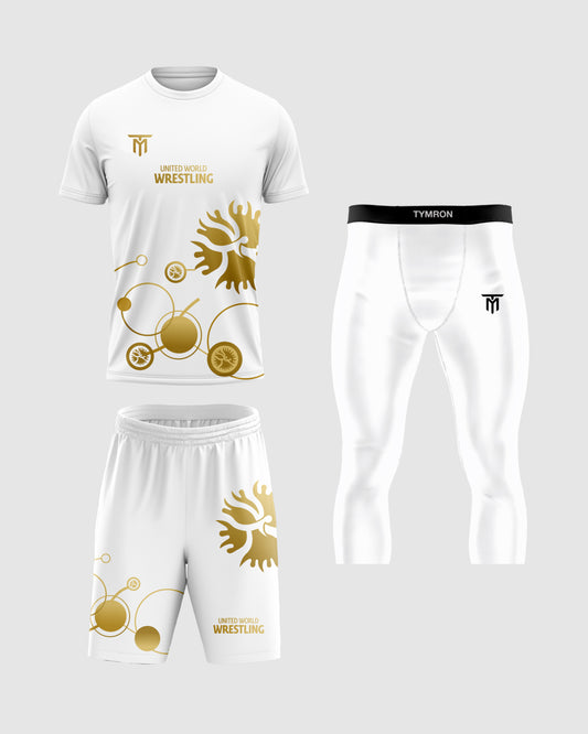 CUSTOM WHITE GOLD SET + WHITE TRAINING LEGGINGS 3/4 PACK