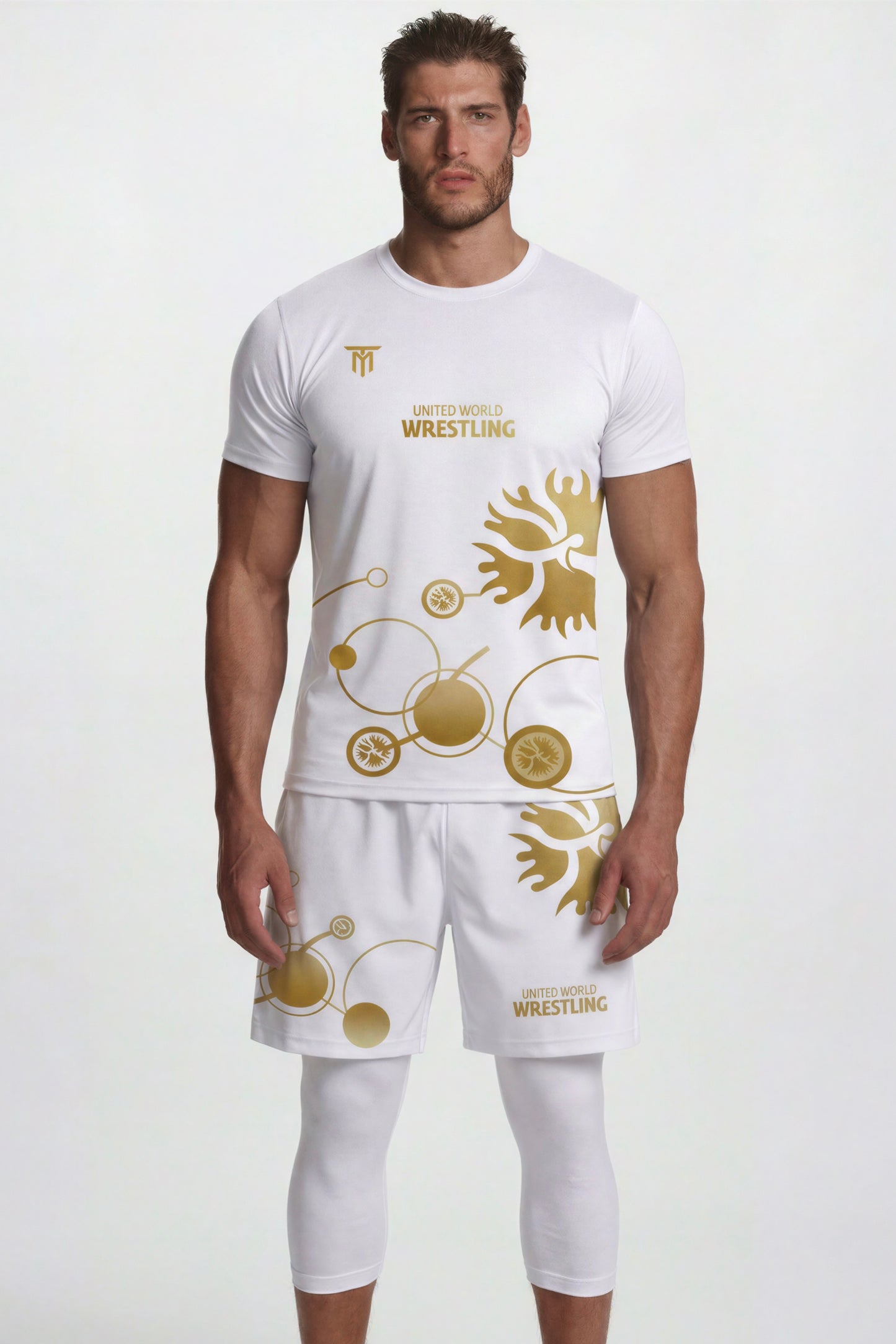 CUSTOM WHITE GOLD SET + WHITE TRAINING LEGGINGS 3/4 PACK